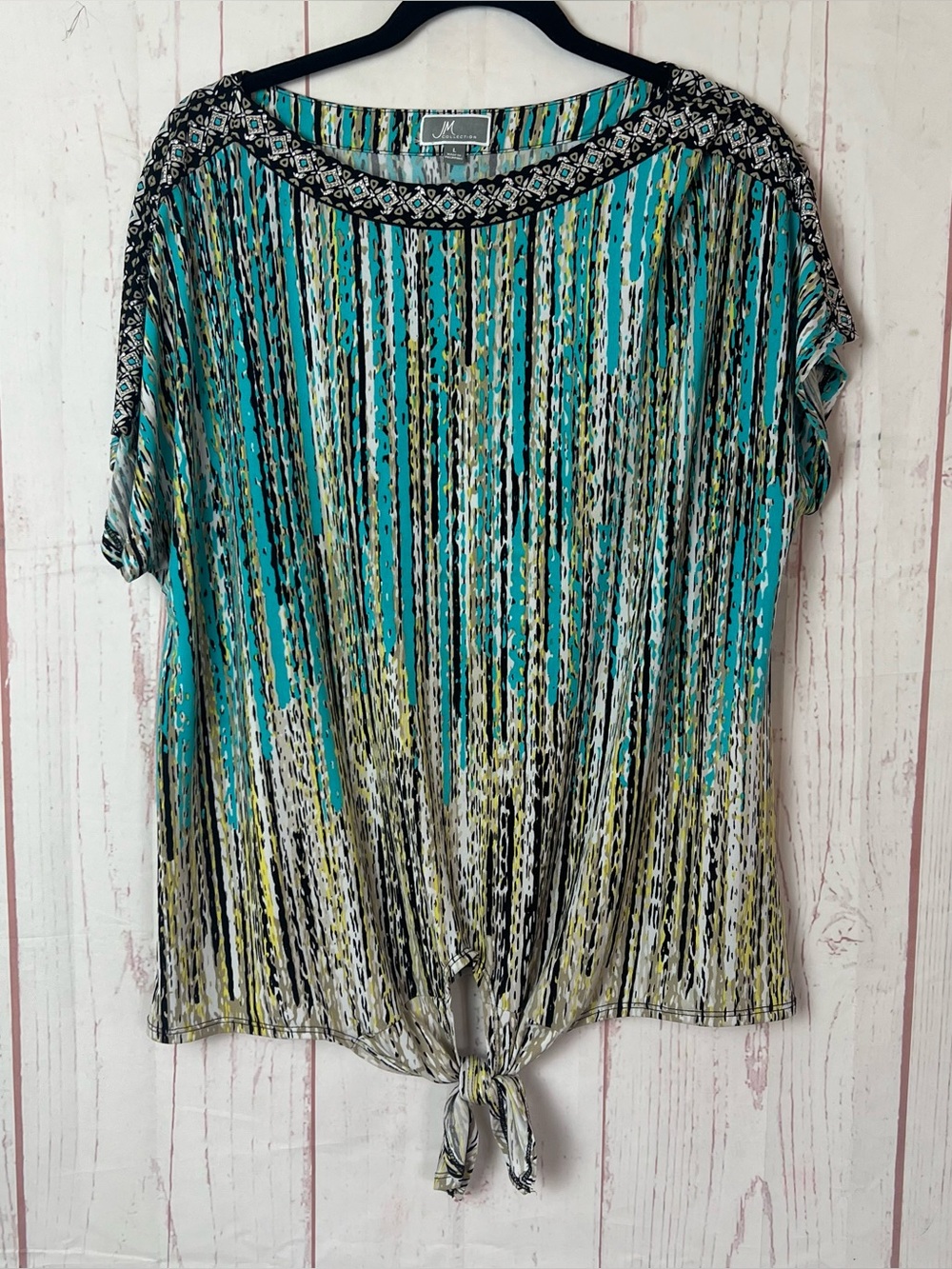 JM Collection L Large Studded Liquid Knit Top Short Dolman Sleeve Tie Front ~
